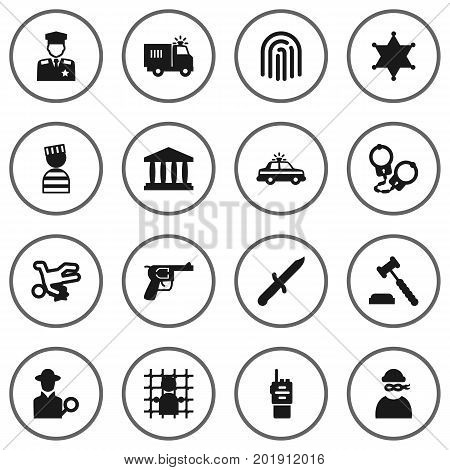 Collection Of Manacles, Thief, Truck And Other Elements.  Set Of 16 Criminal Icons Set.