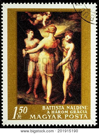 Moscow Russia - August 29 2017: A stamp printed in Hungary shows painting "The Three Graces" by Battista Naldini (1535-1591) series "Paintings by Italian masters" circa 1968