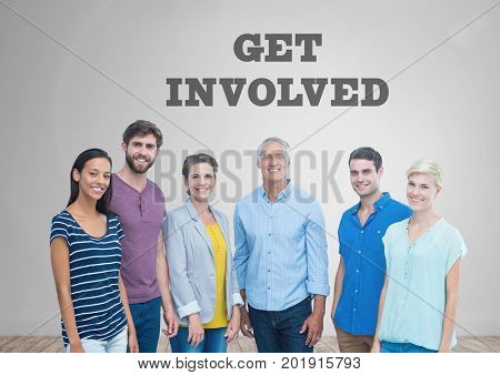 Digital composite of Group of people standing in front of Get Involved graphics