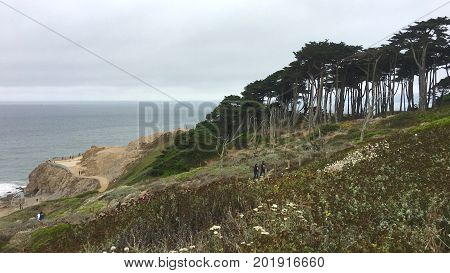San Francisco, California - August 2017: Hiking the Trail near Sutro Baths and Lands End in San Francisco