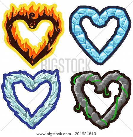 Vector fire, ice, wind and stone hearts
