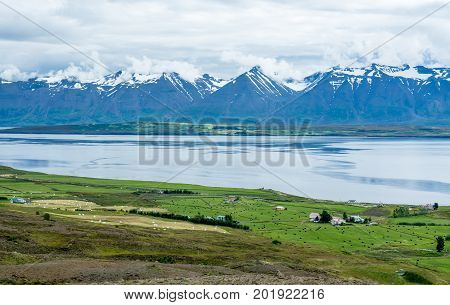 beautiful mountain range and landscape near Dalvik in Iceland.