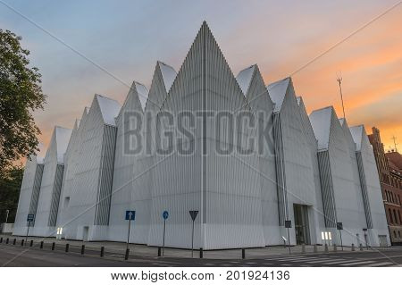 Szczecin,Poland-May 2017:Futuristic philharmonic building in Szczecin,summer morning,Poland