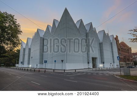 Szczecin,Poland-,July 2017: philharmonic building in Szczecin in the morning light