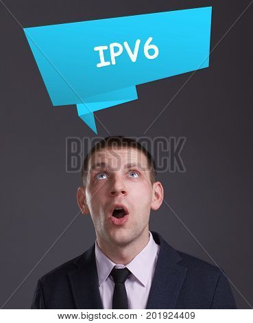 Business, Technology, Internet And Network Concept. Young Businessman Working On A Virtual Screen Of