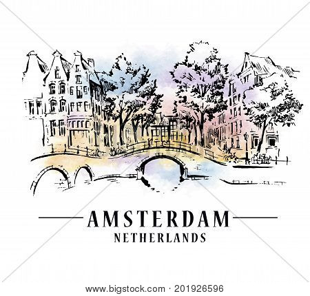 Bridge in Amsterdam, Holland, Netherlands Europe. Hand drawing. Travel sketch. Book illustration, postcard, poster in vector