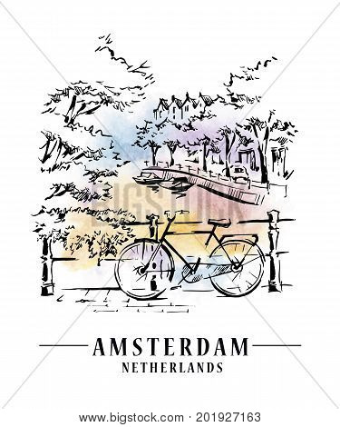 Bridge in Amsterdam, Holland, Netherlands Europe. Hand drawing. Travel sketch. Book illustration, postcard, poster in vector