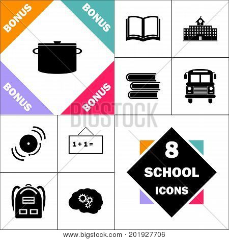 Saucepan Icon and Set Perfect Back to School pictogram. Contains such Icons as Schoolbook, School  Building, School Bus, Textbooks, Bell, Blackboard, Student Backpack, Brain Learn