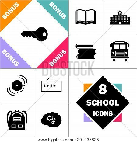 Key Icon and Set Perfect Back to School pictogram. Contains such Icons as Schoolbook, School  Building, School Bus, Textbooks, Bell, Blackboard, Student Backpack, Brain Learn
