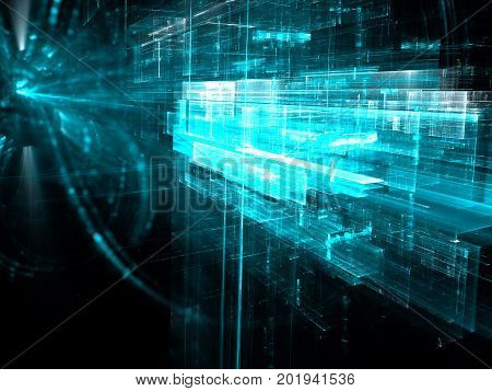 Sci-fi or technology background - abstract computer-generated image. Digital art: future design with clossy walls. Tech backdrop with copy space.