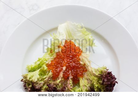 Top view of red caviar on a salad leaf on a light marble background. copy space, Top view.