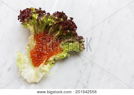 Top view of red caviar on a salad leaf on a light marble background. copy space, Top view.