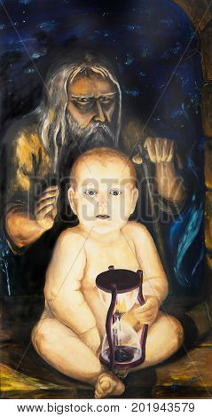 The old man and the child. Allegory of the time. Oil painting