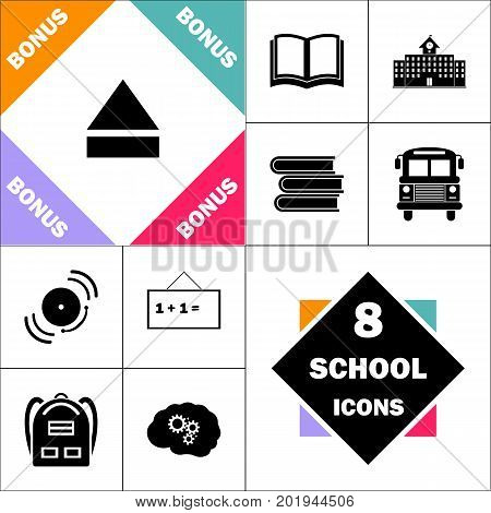 Eject Icon and Set Perfect Back to School pictogram. Contains such Icons as Schoolbook, School  Building, School Bus, Textbooks, Bell, Blackboard, Student Backpack, Brain Learn