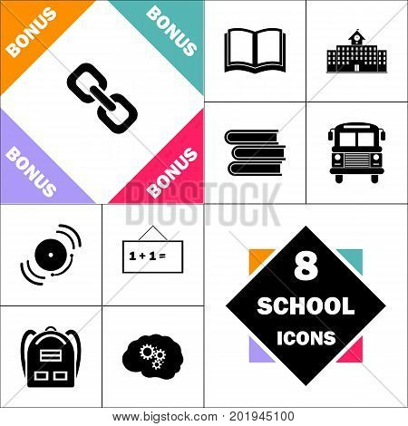 Link Icon and Set Perfect Back to School pictogram. Contains such Icons as Schoolbook, School  Building, School Bus, Textbooks, Bell, Blackboard, Student Backpack, Brain Learn
