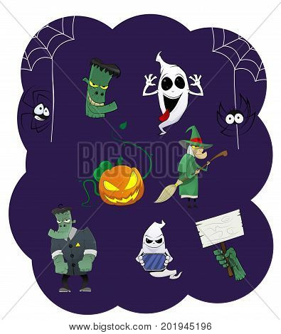 Halloween vector icons. Pumpkin, ghost, spiders, witch, vampire, dead hand. Set of cartoon characters