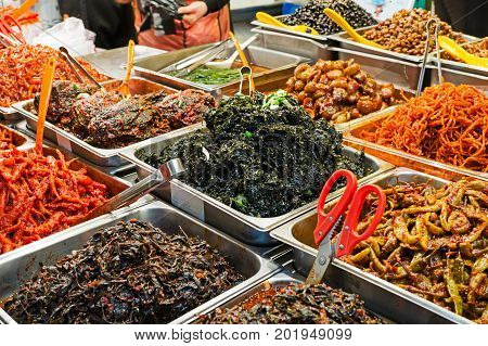 Assorted South Korean Food For Sell In Gwangjang Food Market In Seoul.
