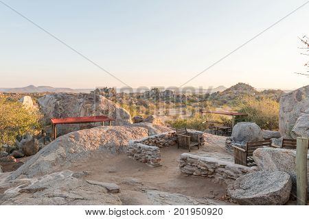 HOADA NAMIBIA - JUNE 27 2017: The bar area between boulders on a hill at the Hoada Camp in the Kunene Region of Namibia