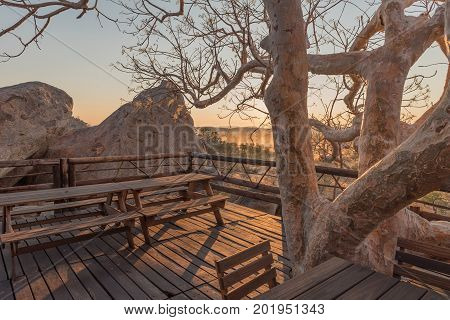 HOADA NAMIBIA - JUNE 27 2017: A viewpoint between boulders on a hill at the Hoada Camp in the Kunene Region of Namibia