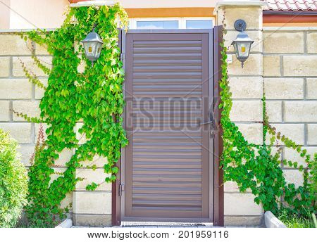 Modern barn white brick under the open sky in village. Wooden door with iron bolts and lock is overgrown with climbing plants. Rural landscape in summer in Sunny clear day.