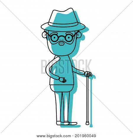 full body grandfather in walking stick with beard and glasses in blue watercolor silhouette vector illustration