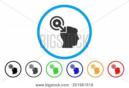 Brain Interface Plug-In vector rounded icon. Image style is a flat gray icon symbol inside a blue circle. Bonus color versions are gray, black, blue, green, red, orange.