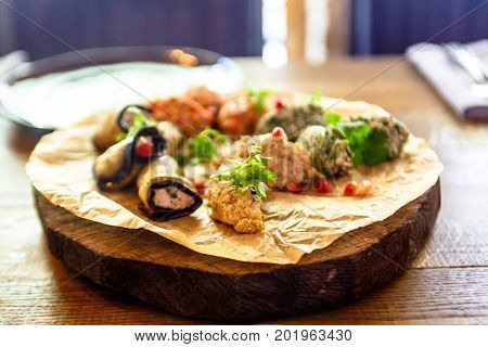 Traditional Georgian Cuisine Snacks - Rolls Of Eggplant And 