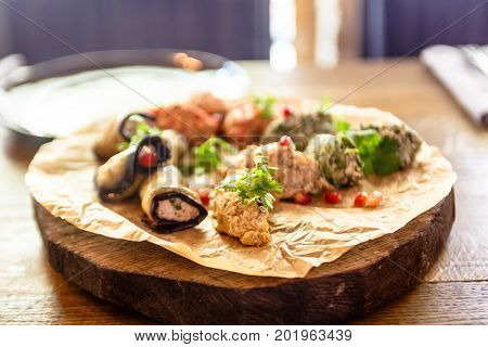 Traditional Georgian Cuisine Snacks - Rolls Of Eggplant And 
