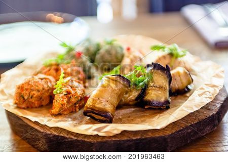 Traditional Georgian Cuisine Snacks - Rolls Of Eggplant And 