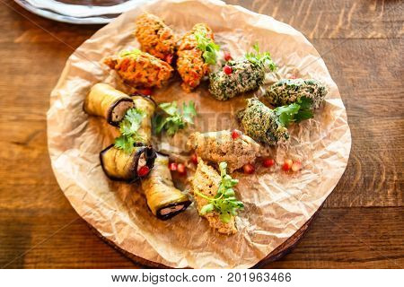 Traditional Georgian Cuisine Snacks - Rolls Of Eggplant And 