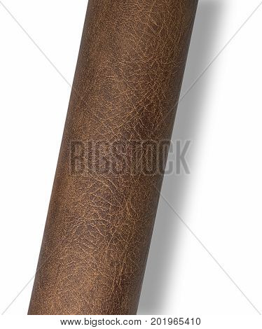 rolled brown leather textured surface isolated on white with shadow