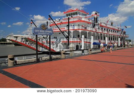 SAVANNAH, GA - JULY 22: City Hall Landing hosts the popular Georgia Queen along with ferries that transport the public along the Savannah River July 22, 2017 in Savannah, GA