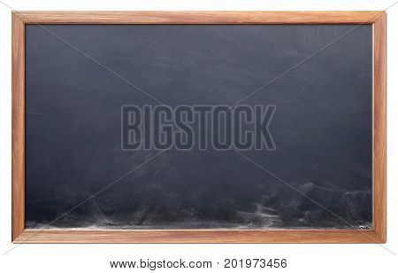 Blank chalkboard with wooden frame isolated on white background.
