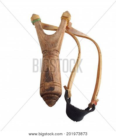 old wooden slingshot isolated on white background