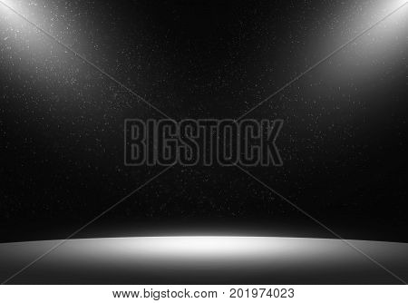 Dark room with light and white dust abstract background.