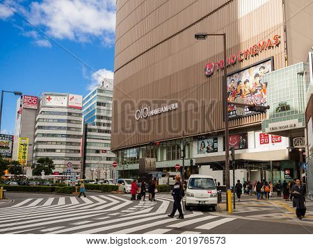 OSAKA, JAPAN - JULY 02, 2017: Unidentified people walking near of big buildings in Osaka, Japan cityscape in the Abeno District.