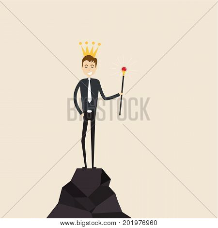 Manageroffice worker or businessman stand on the top of mountain and hold the scepter in his hand with the crown on his head. Concept of business success or leadership.Vector flat design illustration