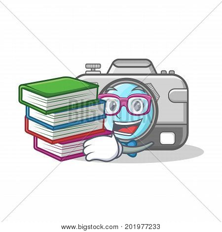 Student with book camera caharacter cartoon design vector illustration