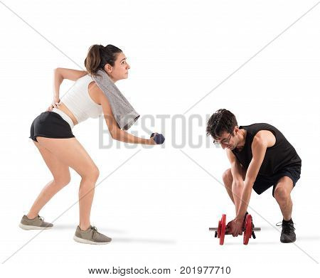 Boy and girl having some difficulty at the gym