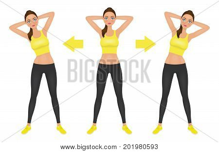 Young pretty woman make side bend exercise with hands behind head. Fit girl in leggings and crop top. Warm-up instruction vector illustration