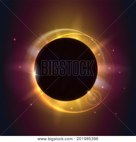 Solar eclipse, astronomical phenomenon - full sun eclipse. Blurred light rays and lens flare backdrop. Glow light effect. Star burst with sparkles. The planet covering the Sun in eclipse