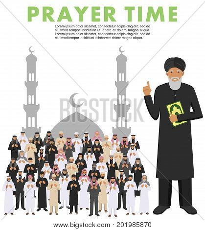 Islamic people standing together with beads in hands and pray. Mufti with quran. Silhouette of a mosque and minarets. Vector illustration.