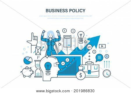 Business policy aimed at increasing sales, growth and business development, requiring leadership and growth. Technology success. Illustration thin line design of vector doodles