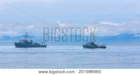 Naval minesweeper in Avacha bay on Kamchatka