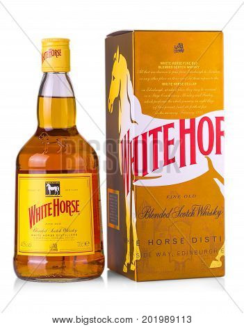 CHISINAU MOLDOVA- August 23 2017: White Horse Scotch Whisky is a blended Scotch whisky from Edinburgh first produced by James Logan Mackie in 1861