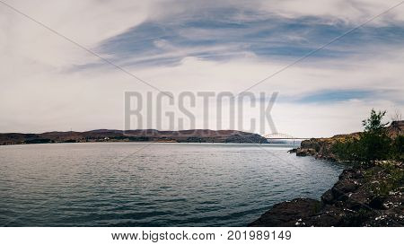 Vantage Bridge crossing Wanapum Lake, a dammed section of the Columbia River