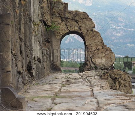 Ancient Roman Road Arch In Donnas