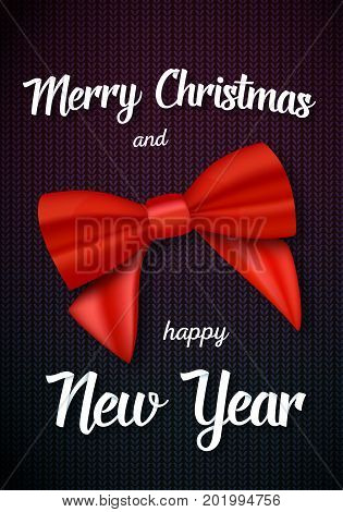 Illustration of Vector Merry Christmas Greeting Card. Realistic Red Ribbon with Paper Lettering on Kneeted Pattern Background