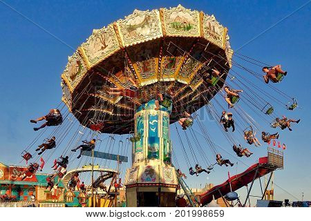 Calgary, Canada, 2017.07.06: A ride in the amusement park at the Stampede at Calgary in Canada.