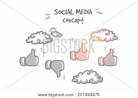 Social media concept. Hand drawn symbols of likes and dislike. Communication through internet isolated vector illustration.